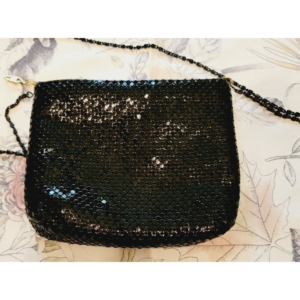 Vintage Black Mesh Purse Shiny Handbag Long Chain Shoulder Strap